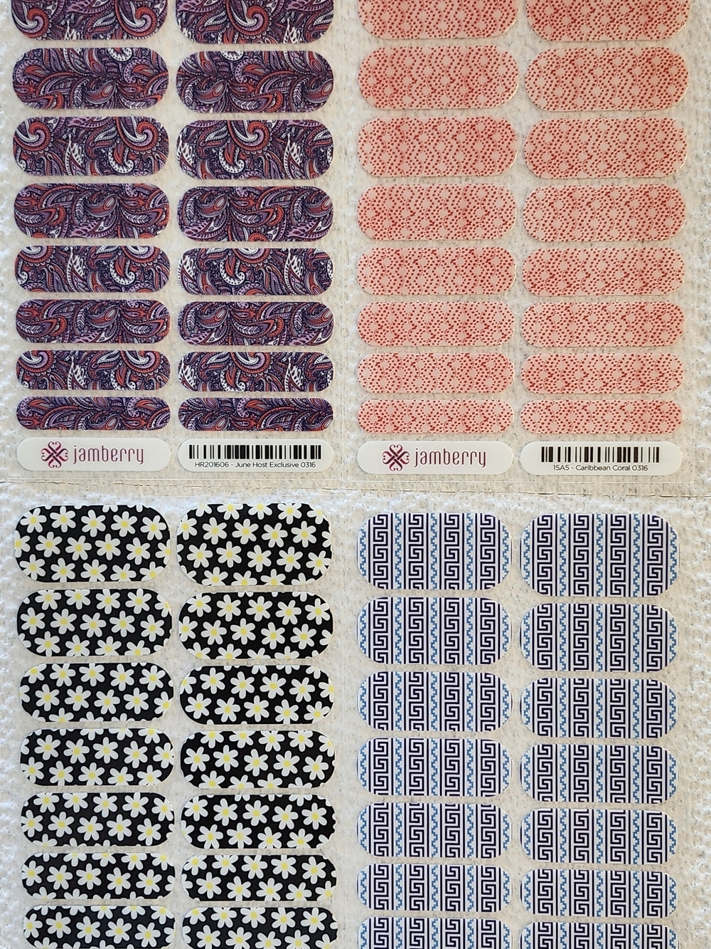 Jamberry Nail Wraps - 4 Full Sheets - Paisley, Daisy, Coral Lace, Greek Key